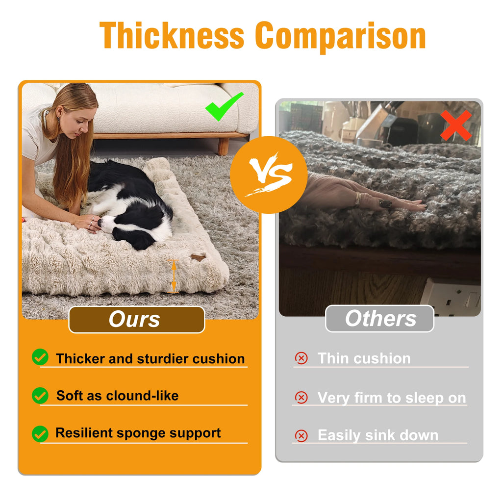 Thickness comparison of ultra plush dog bed with sturdy cushion versus thin dog bed for better support