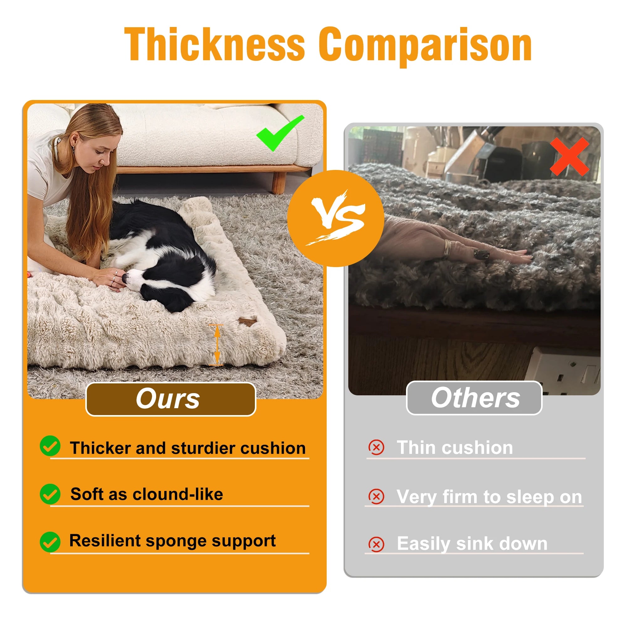 Thickness comparison of ultra plush dog bed with sturdy cushion versus thin dog bed for better support