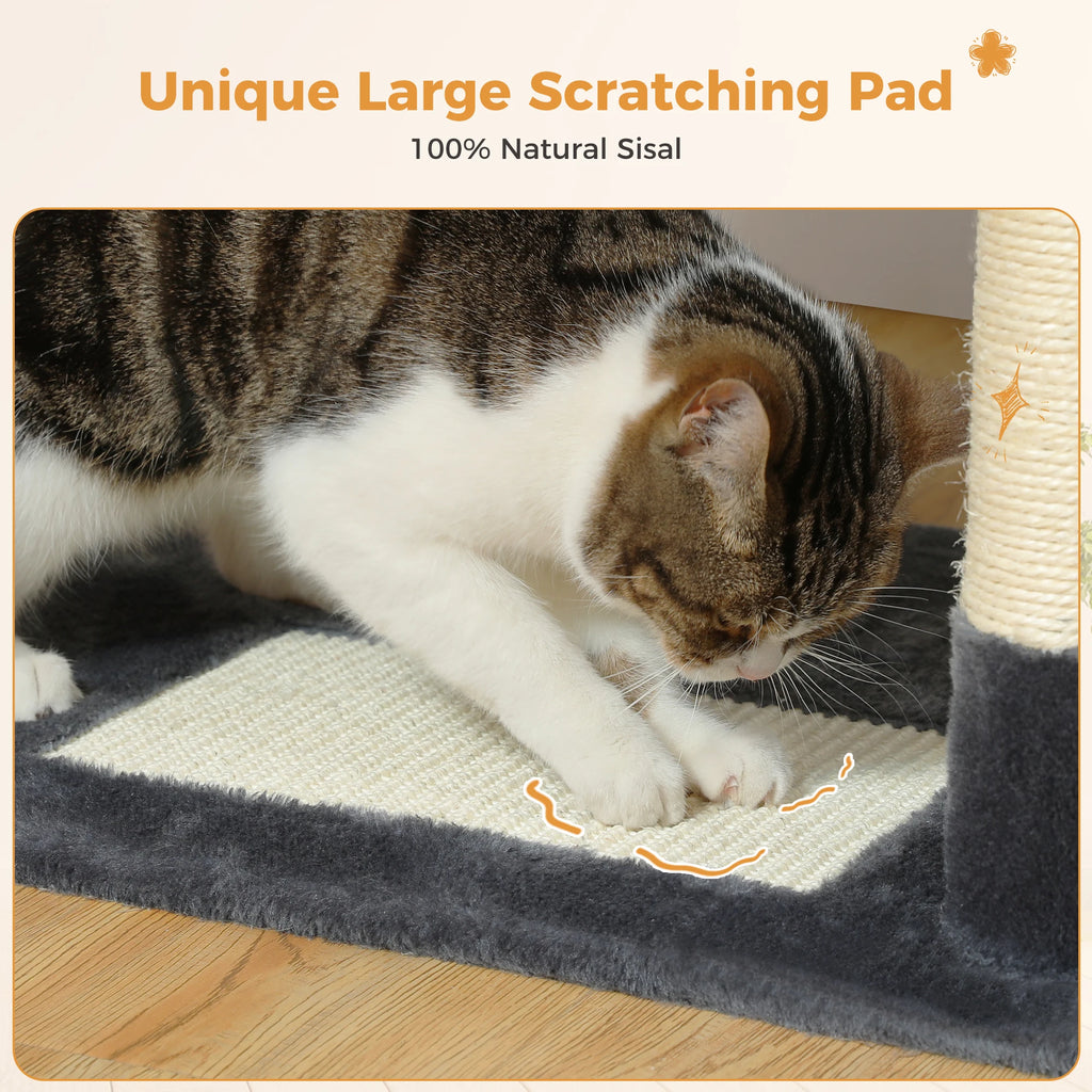 Close-up of a cat using a large scratching pad on a large cat tree for indoor cats with natural sisal fabric