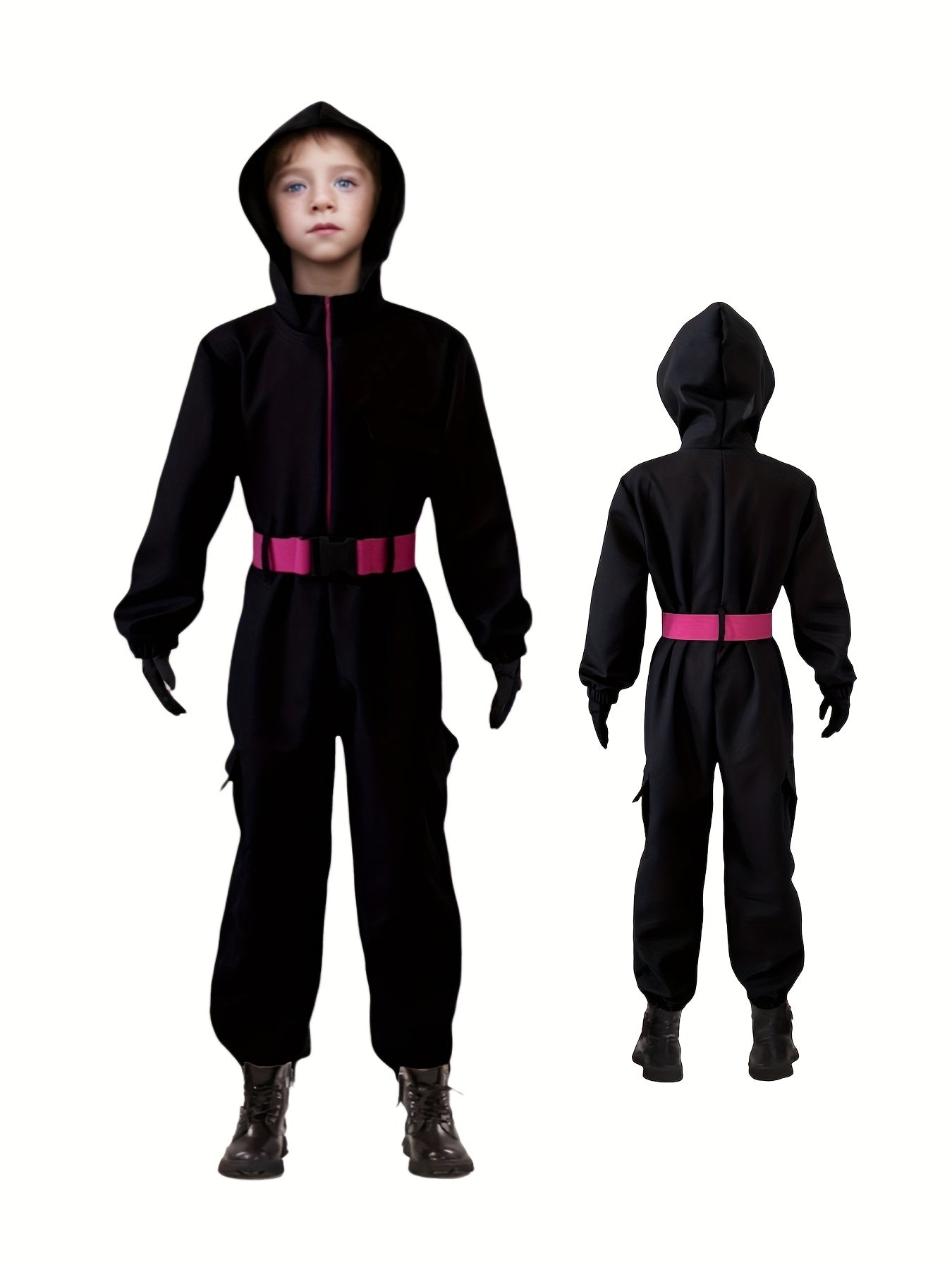 Kids in Zoomies & Co unisex carnival bodysuit set featuring a hood and pink belt for festive occasions