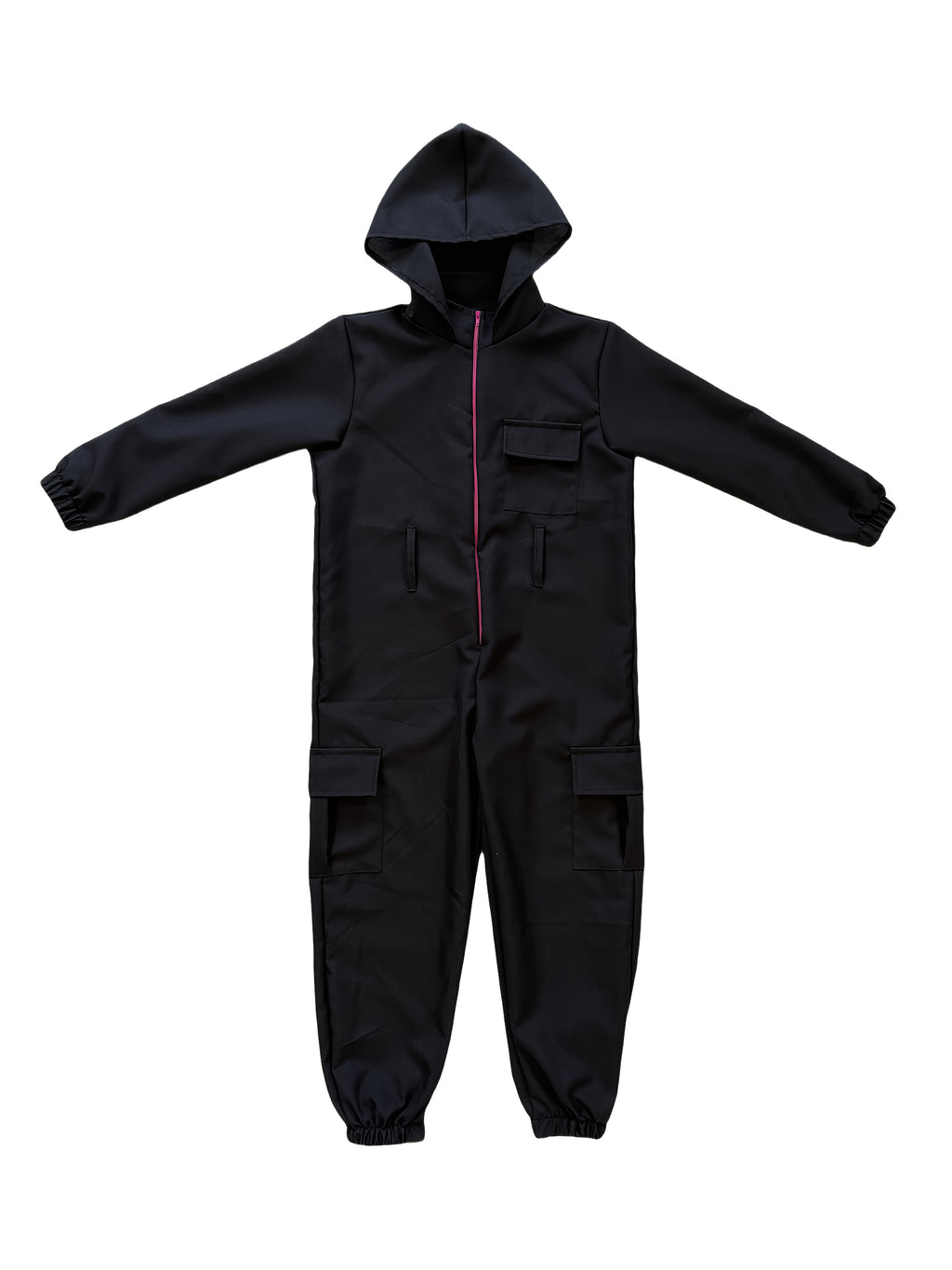 Unisex carnival bodysuit set in black with hood, front zipper, and pockets for versatile wear