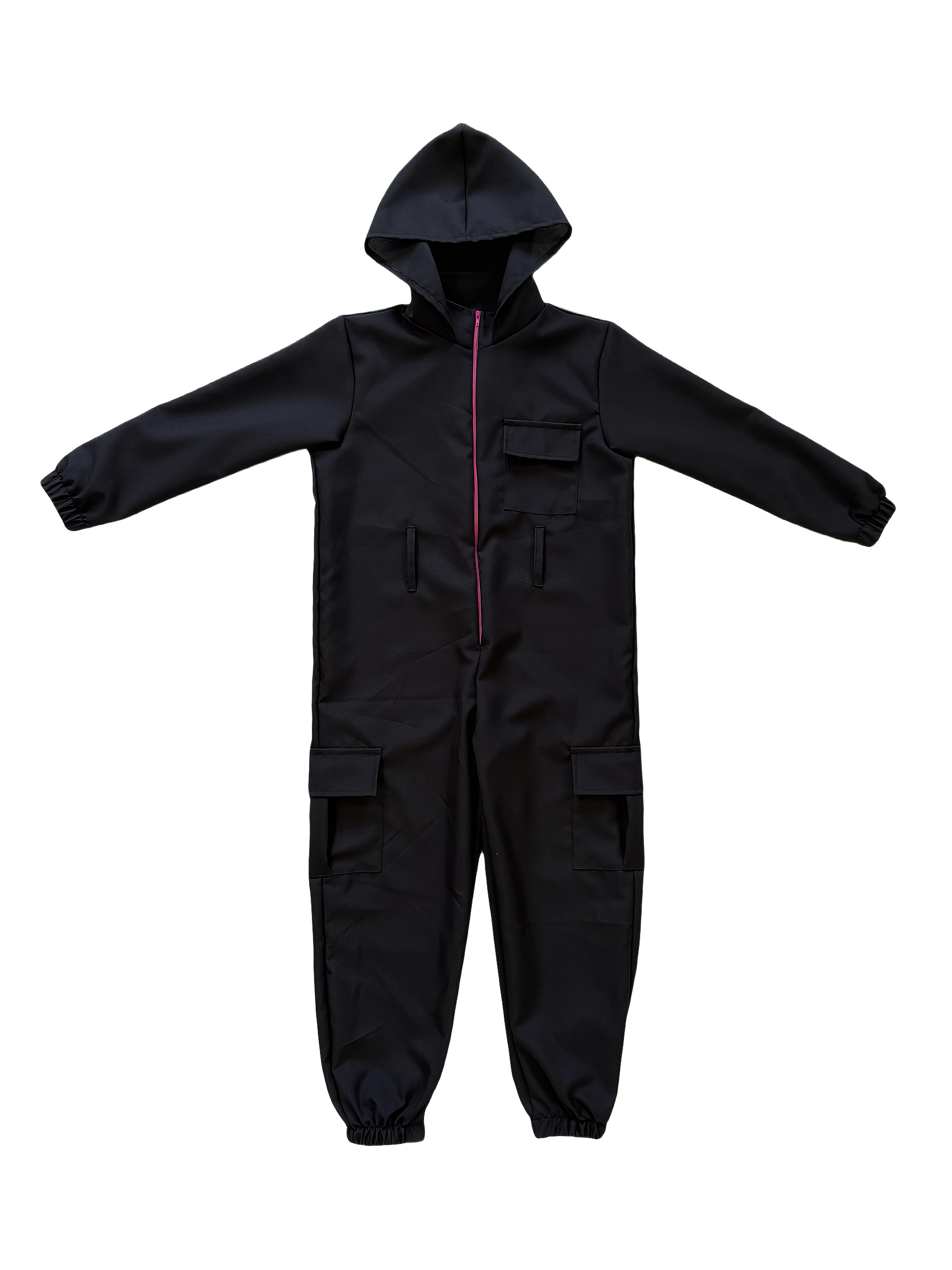 Unisex carnival bodysuit set in black with hood, front zipper, and pockets for versatile wear