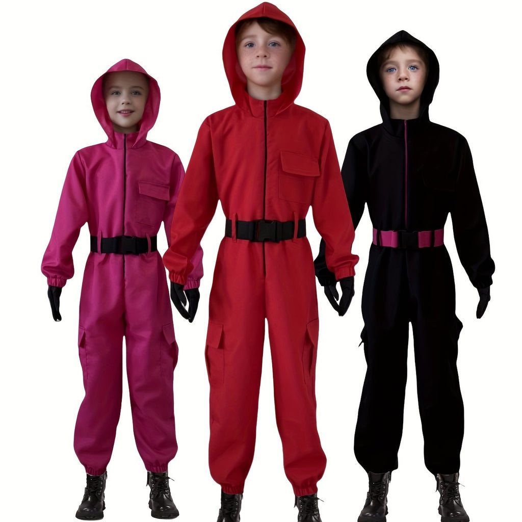 Unisex carnival bodysuit set in pink, red, and black designs with hoods and belts for kids