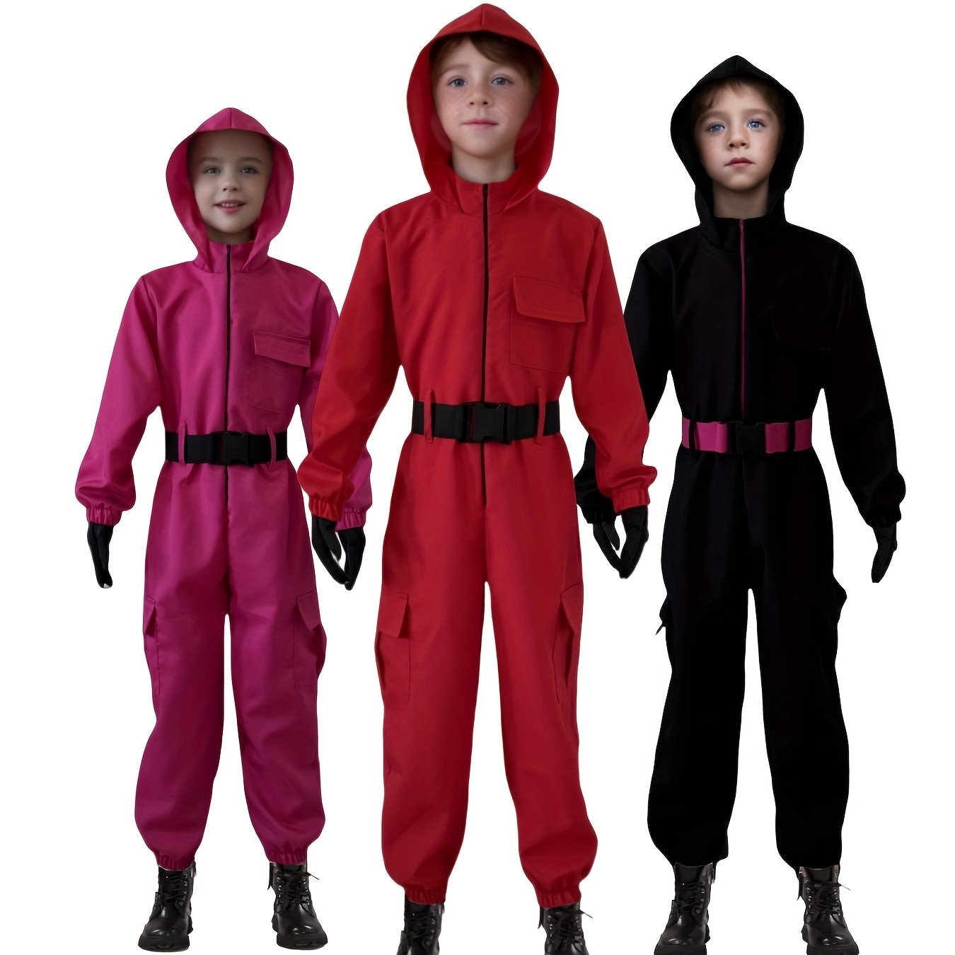 Unisex carnival bodysuit set in pink, red, and black designs with hoods and belts for kids
