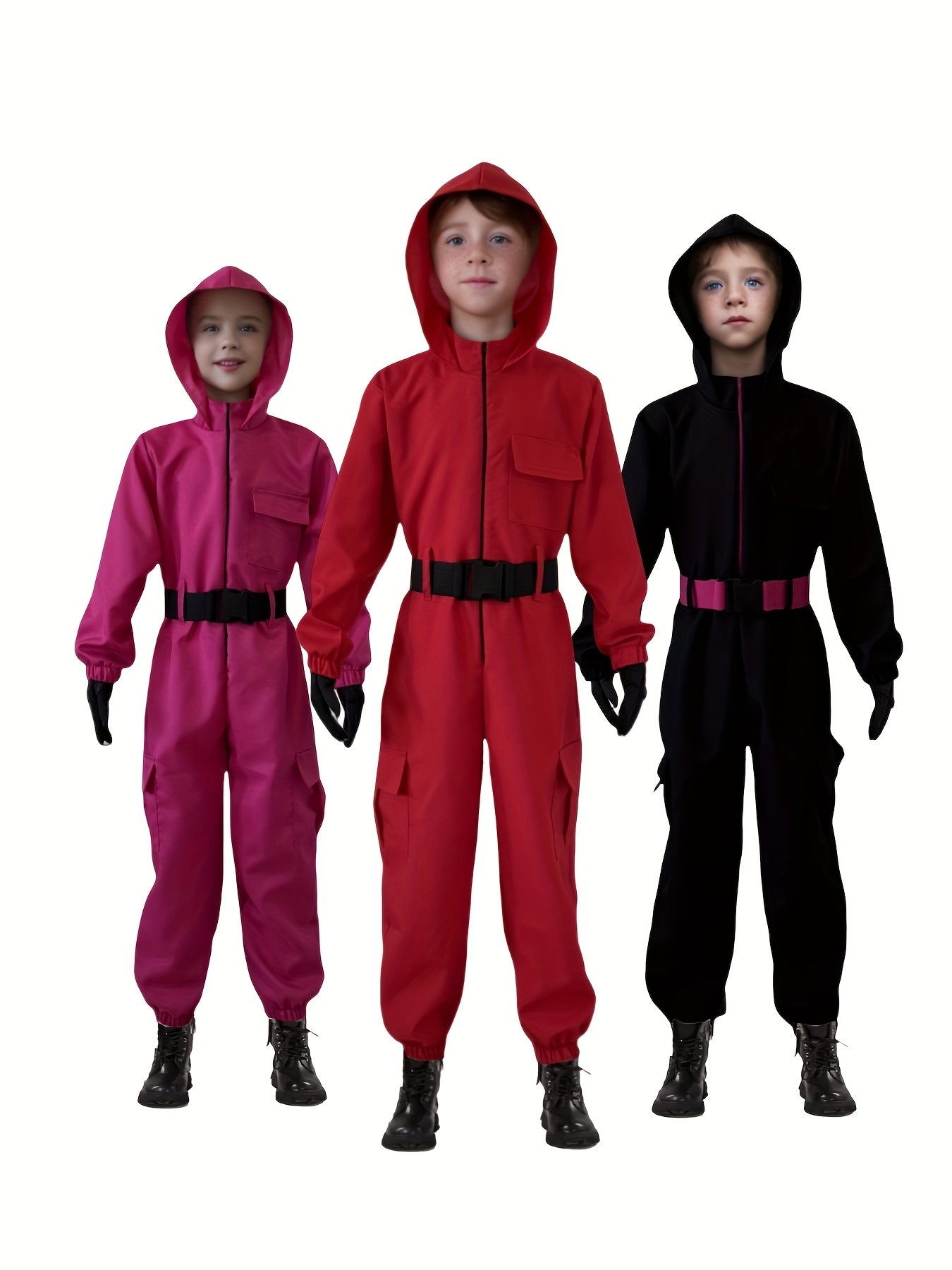 Unisex carnival bodysuit set in pink, red, and black for kids with adjustable belts and hoods
