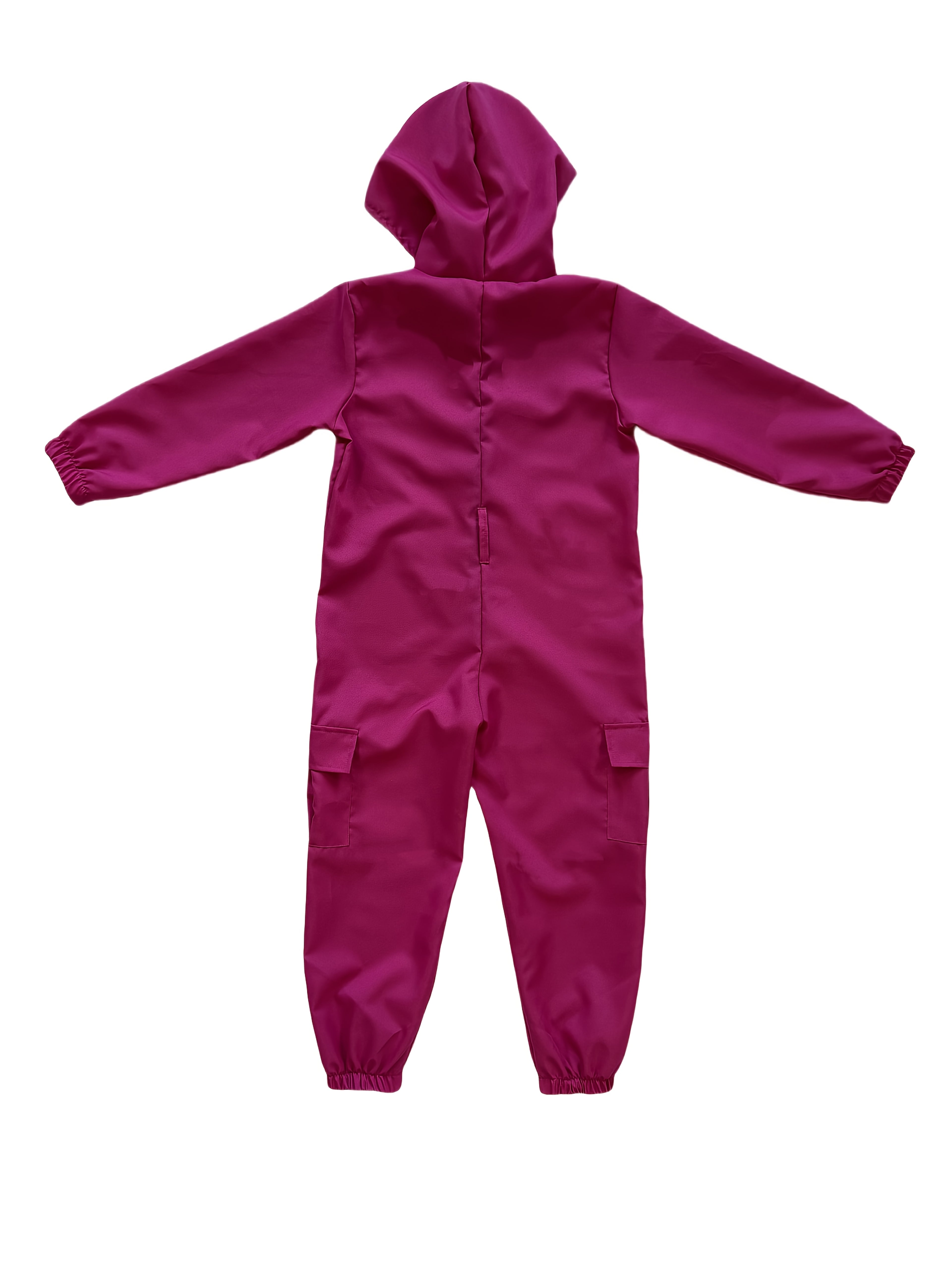 Back view of a vibrant pink unisex carnival bodysuit set with a hood and elastic cuffs
