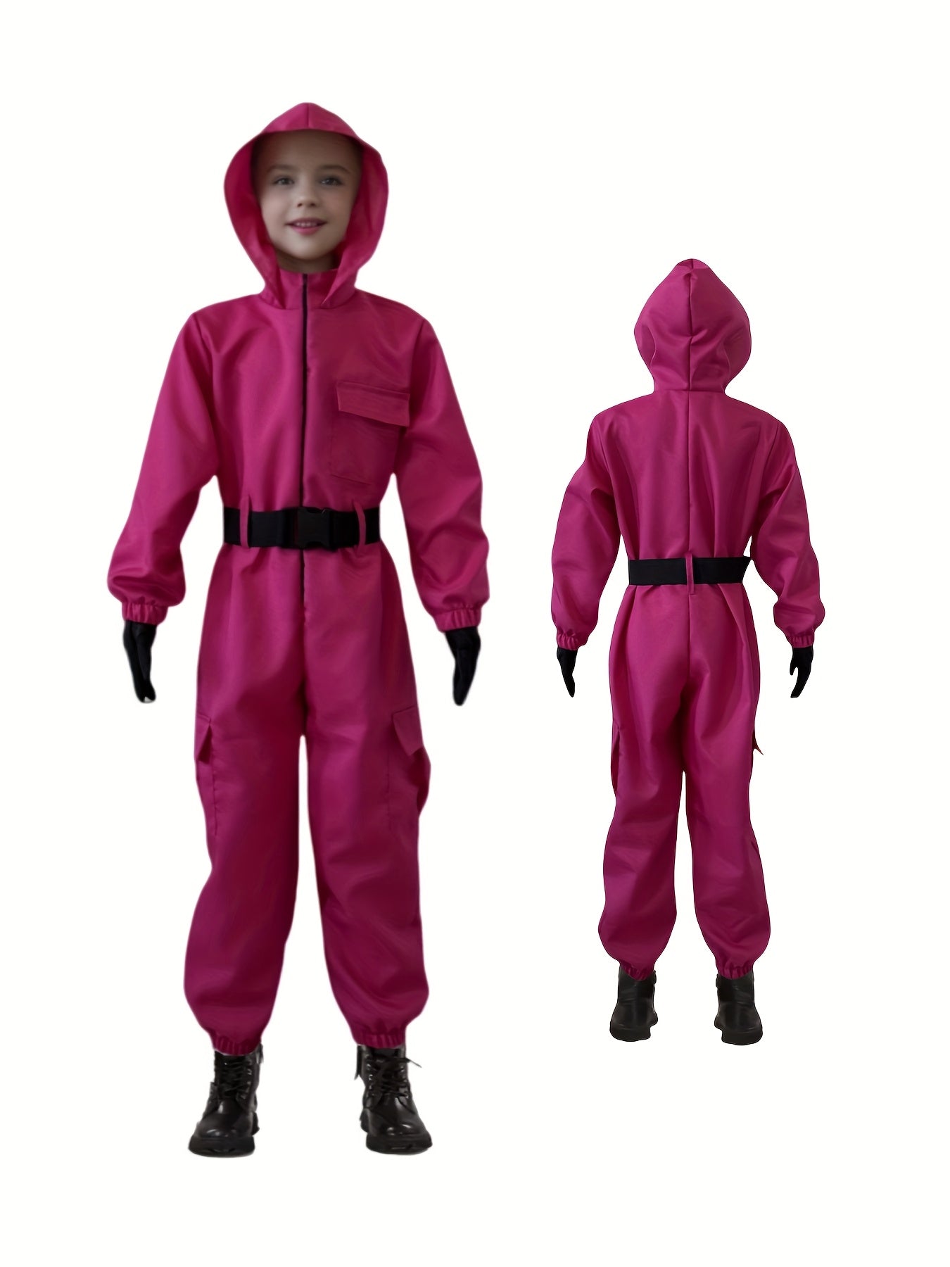 Bright pink unisex carnival bodysuit set with hood and adjustable belt for kids