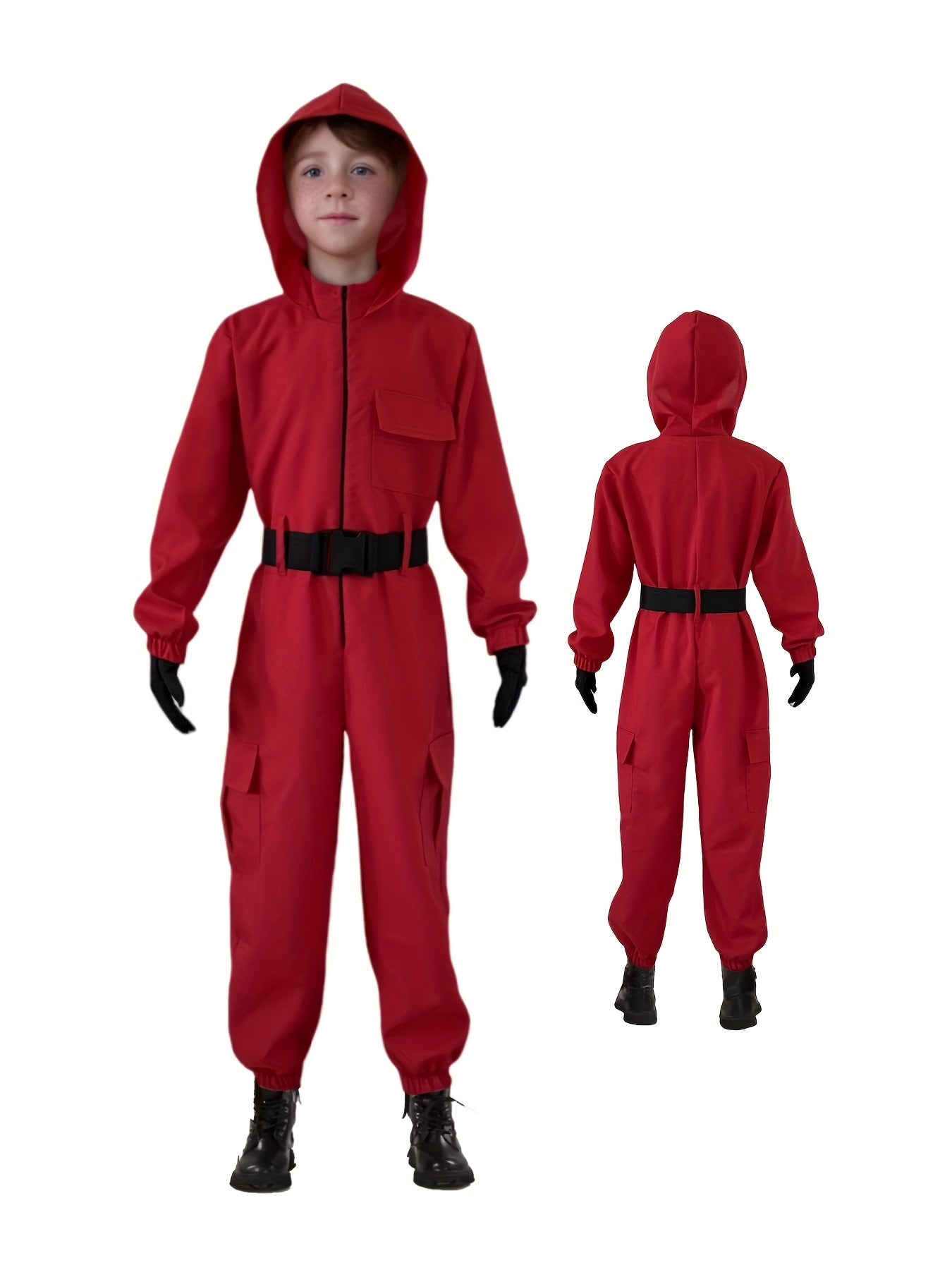 Red unisex carnival bodysuit set with zip front and hood, ideal for festive dress-up occasions