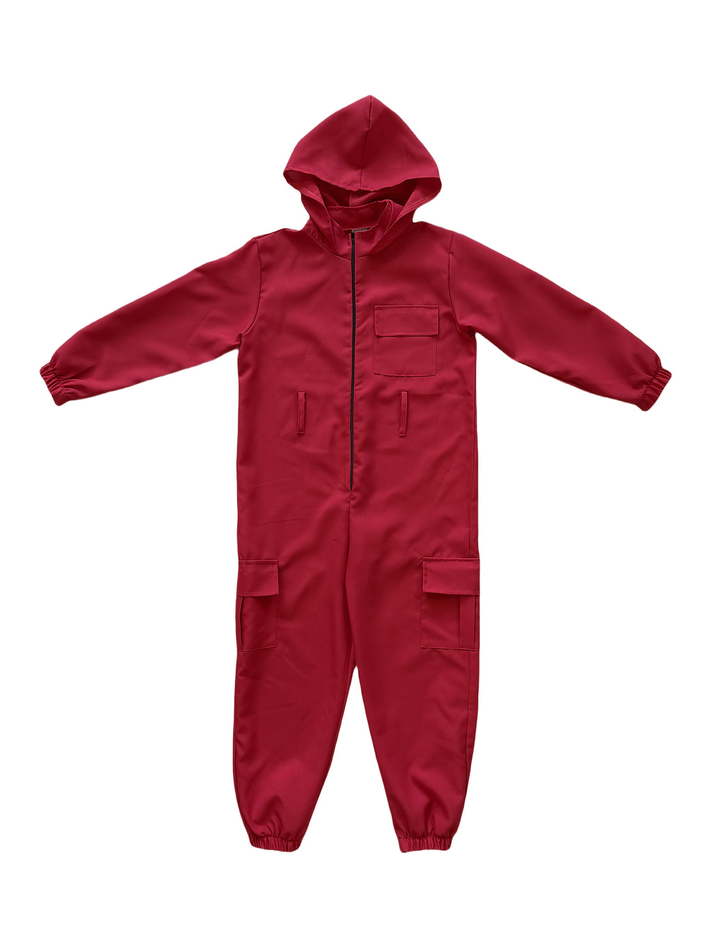 Red unisex carnival bodysuit set with a front zipper and hood for festive occasions