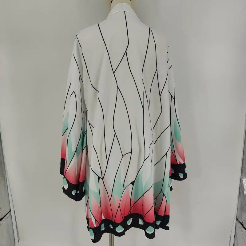 Kochou Shinobu cosplay kimono cardigan featuring a colorful butterfly design and flowing fabric