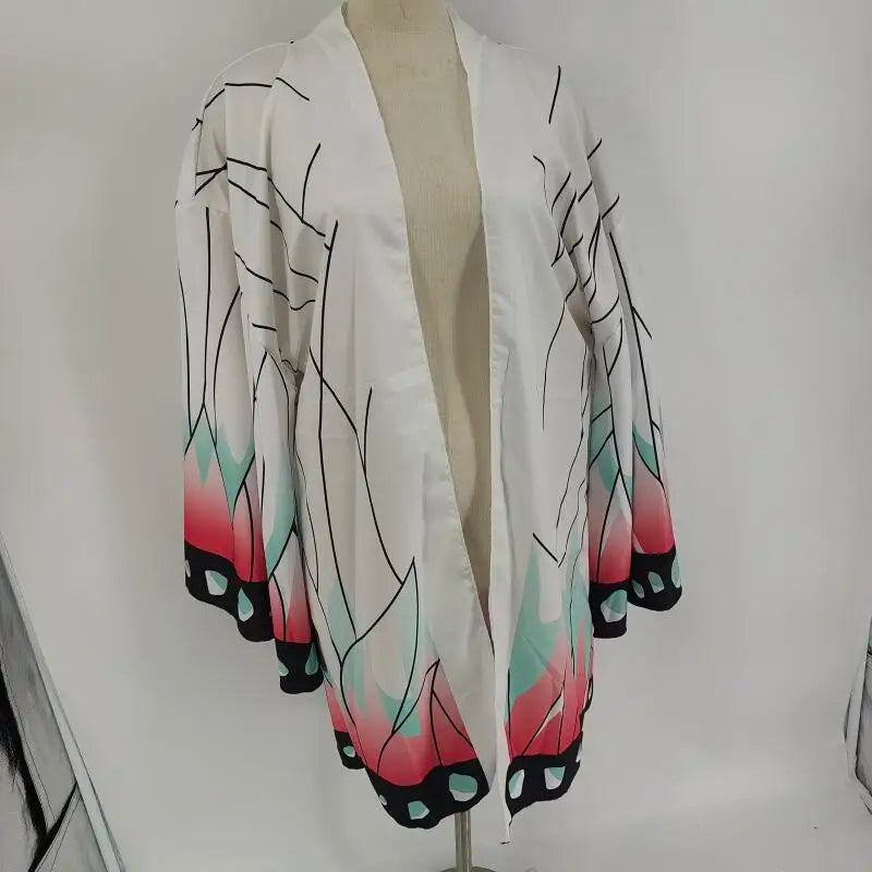 Kochou Shinobu cosplay kimono cardigan with vibrant design and flowing sleeves from Zoomies & Co