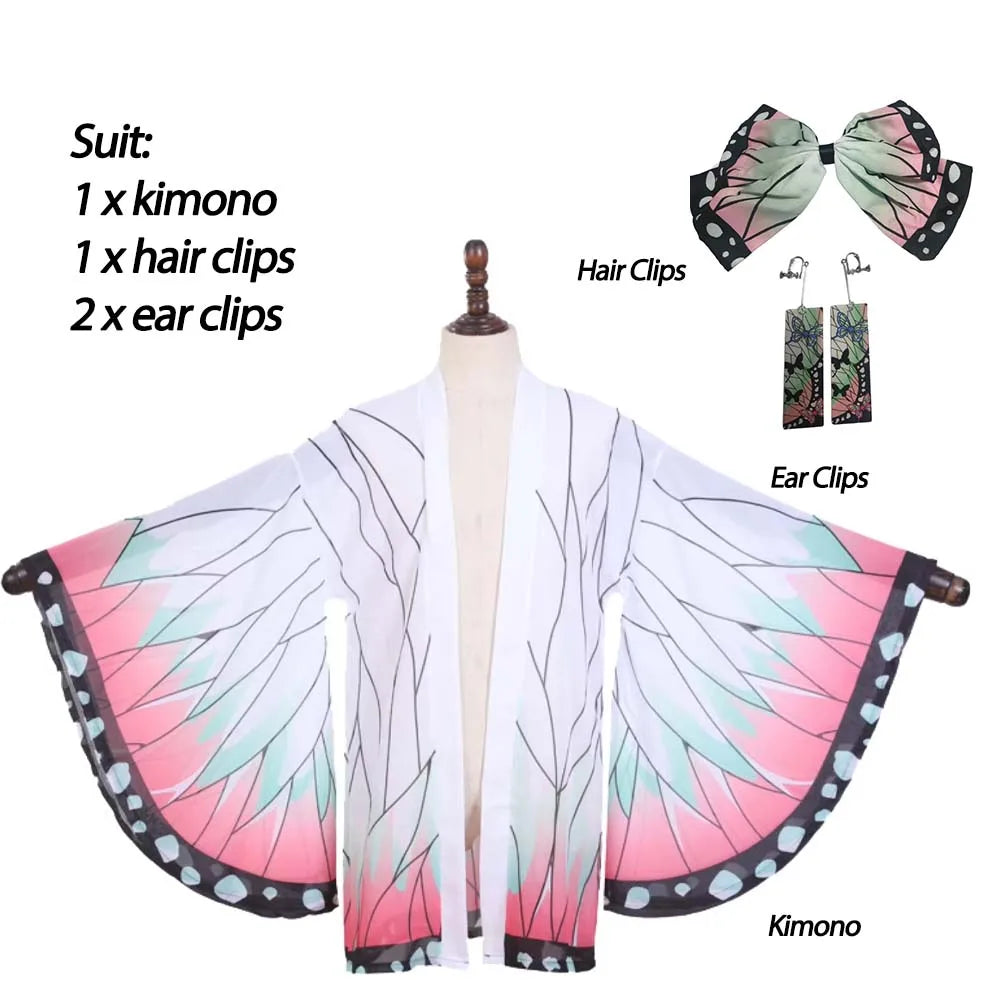Kochou Shinobu cosplay kimono cardigan with hair clips and ear clips for anime fans