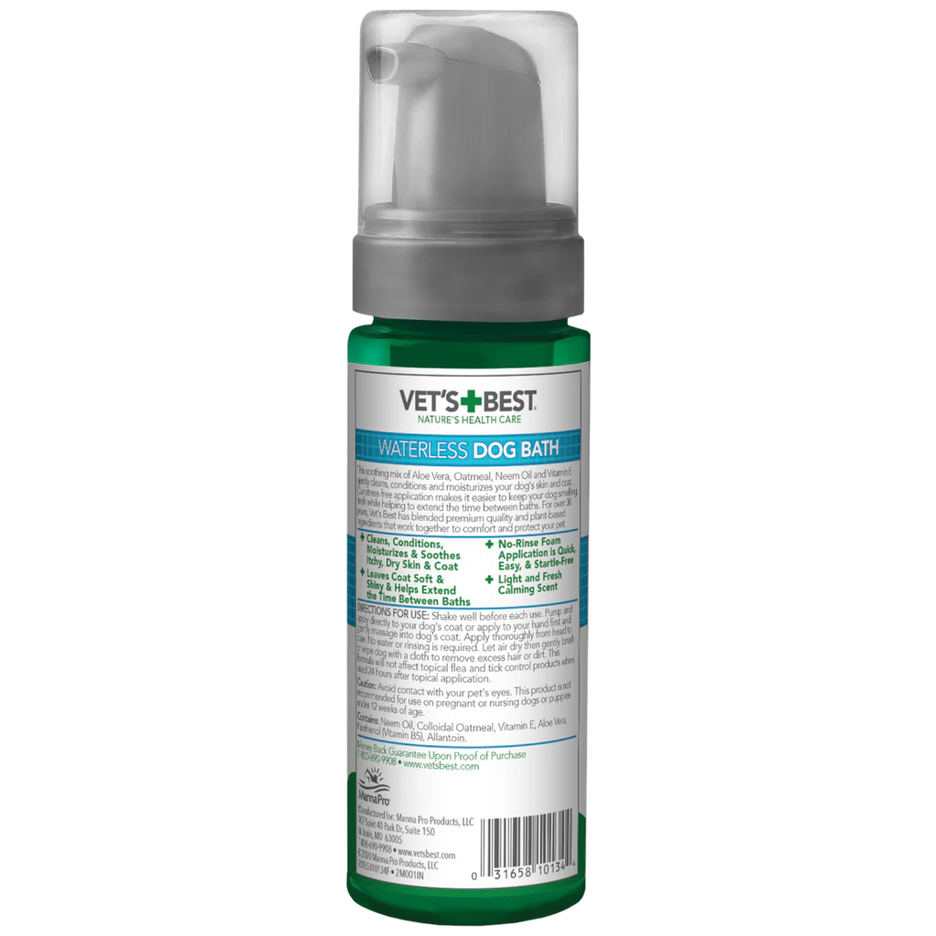 Vet's Best waterless shampoo for dogs in green bottle with pump and detailed product label