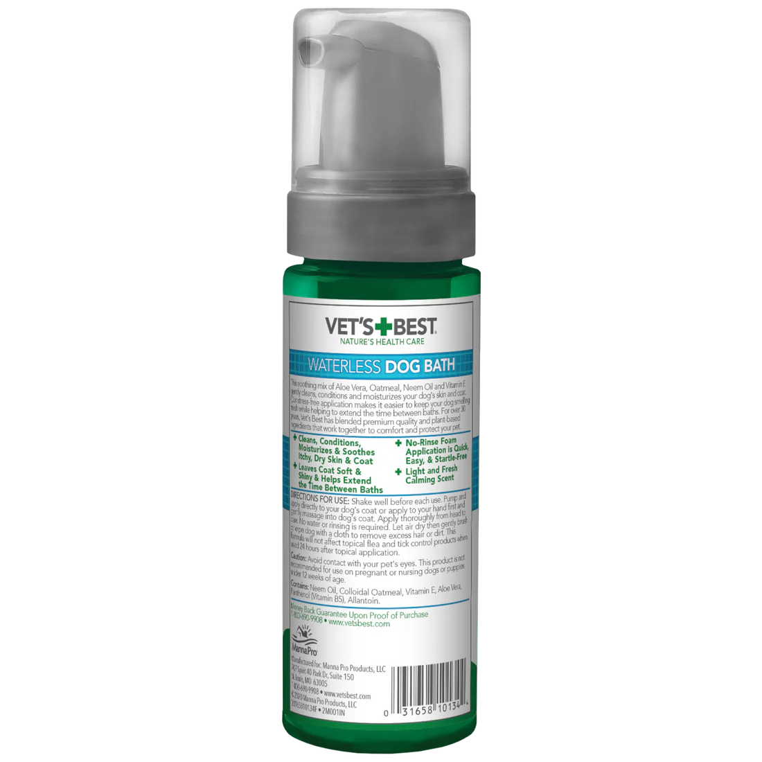 Vet's Best waterless shampoo for dogs in green bottle with pump and detailed product label