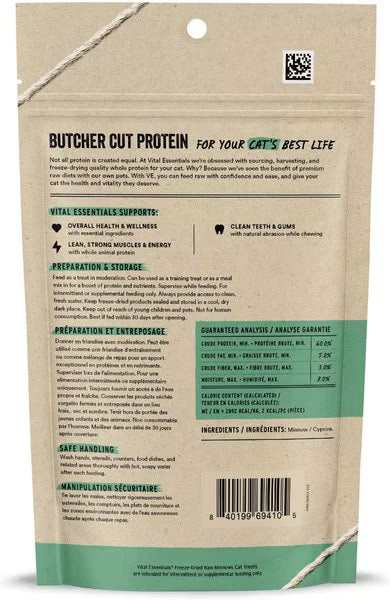 Back packaging of Vital Essentials freeze dried minnows showing product details and nutritional information