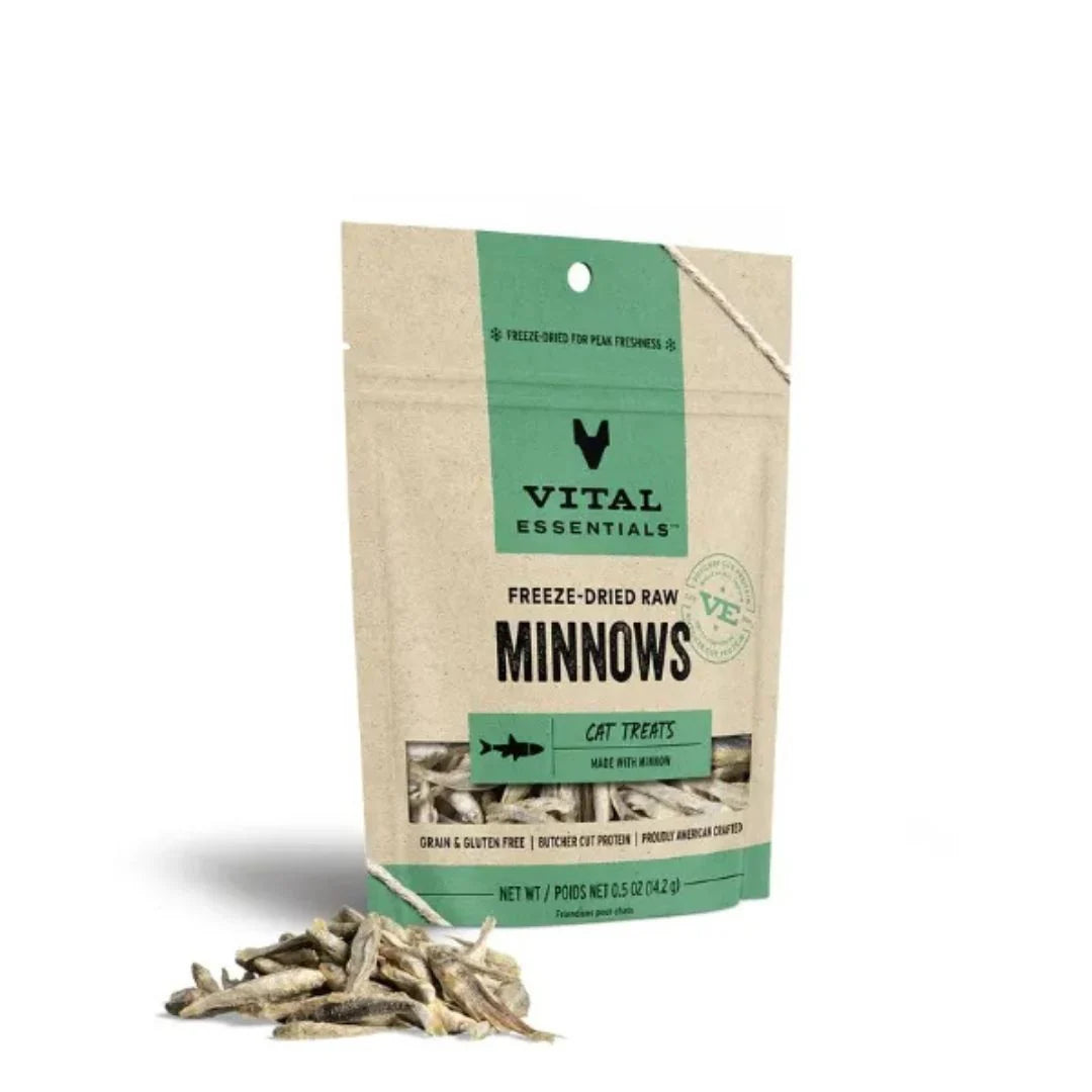 Vital Essentials freeze dried minnows cat treats in resealable pouch with raw mini fish
