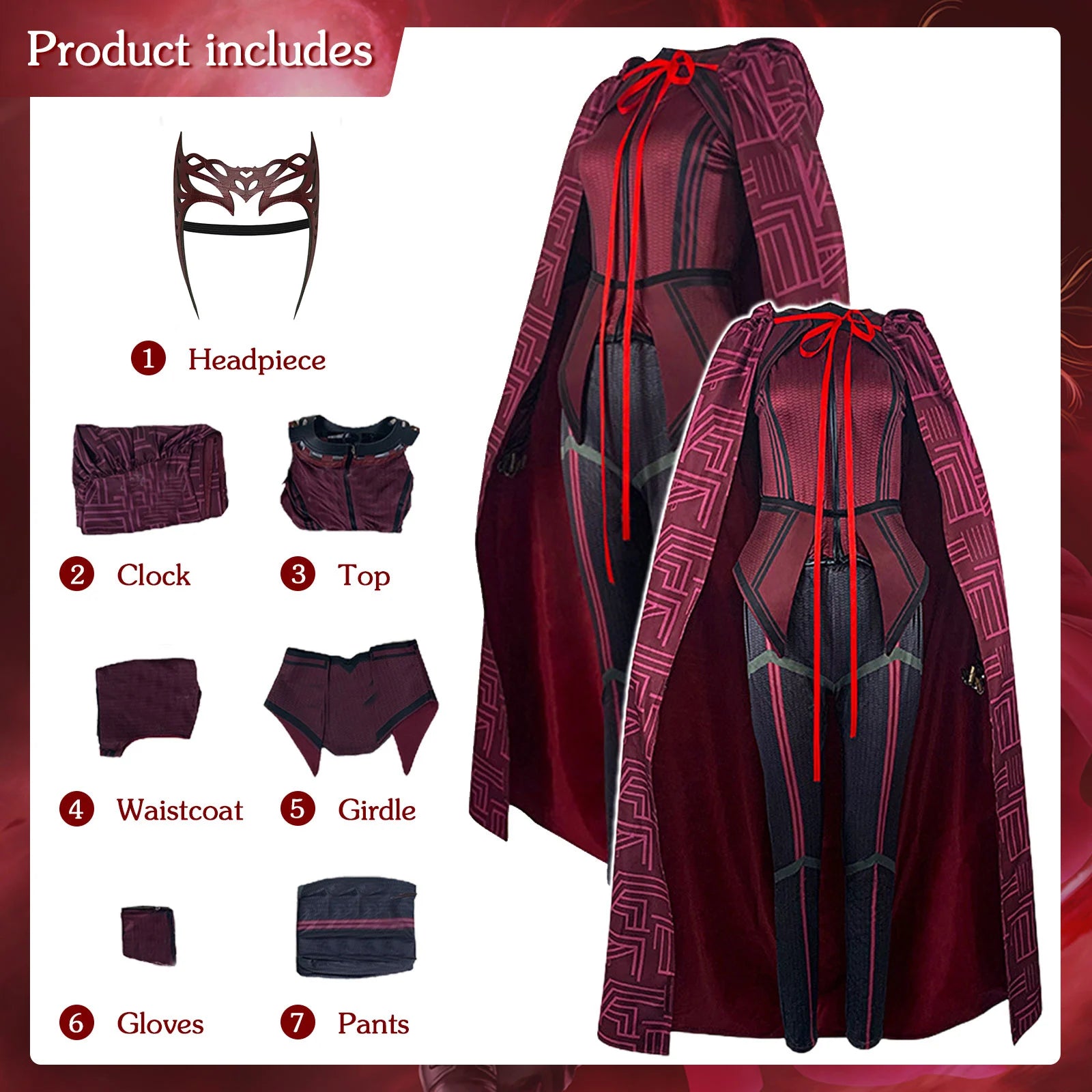 Wanda Vision Halloween costume high quality with headpiece, top, cape, and gloves for a complete look
