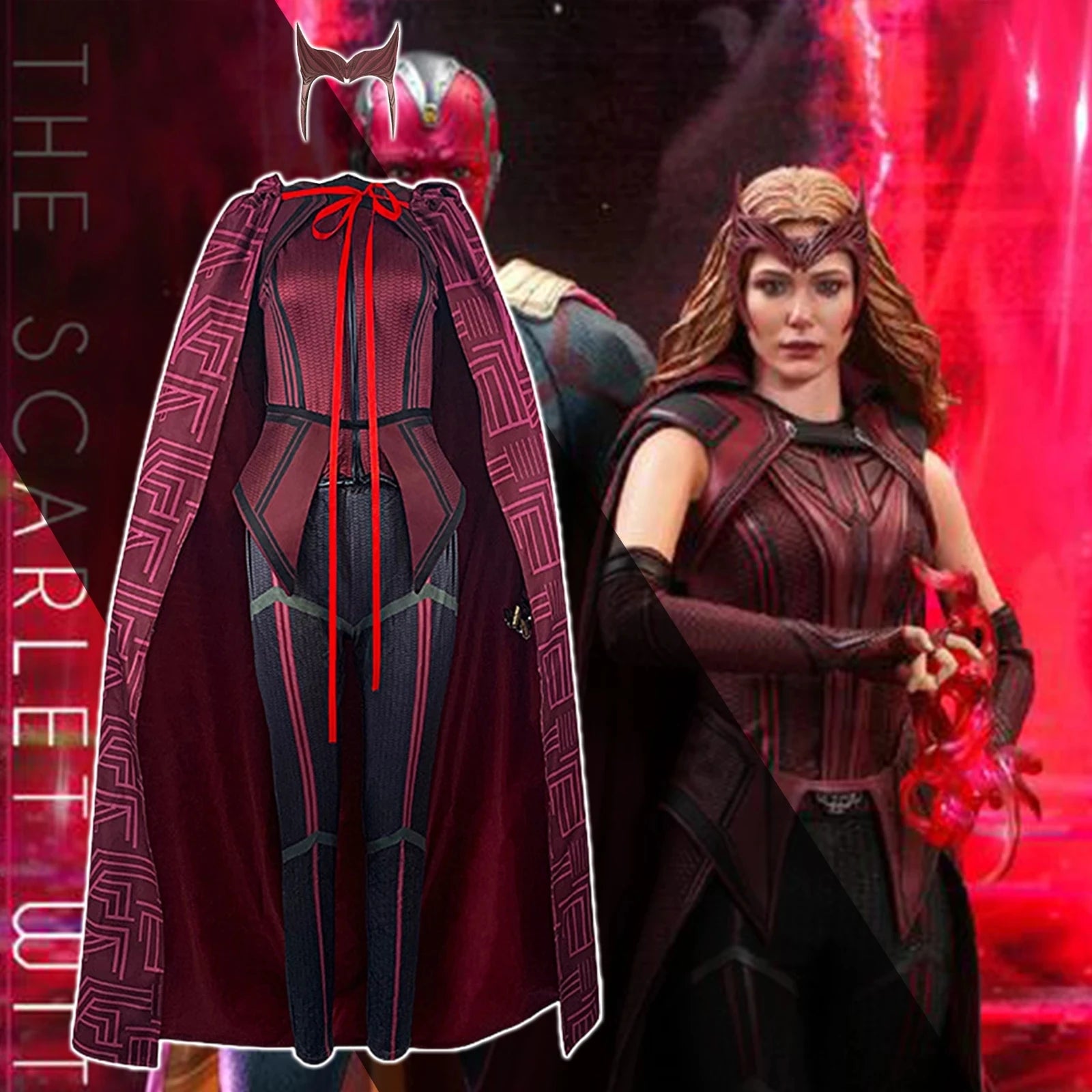 Wanda Vision Halloween costume high quality featuring red and black dress with matching cape and accessories