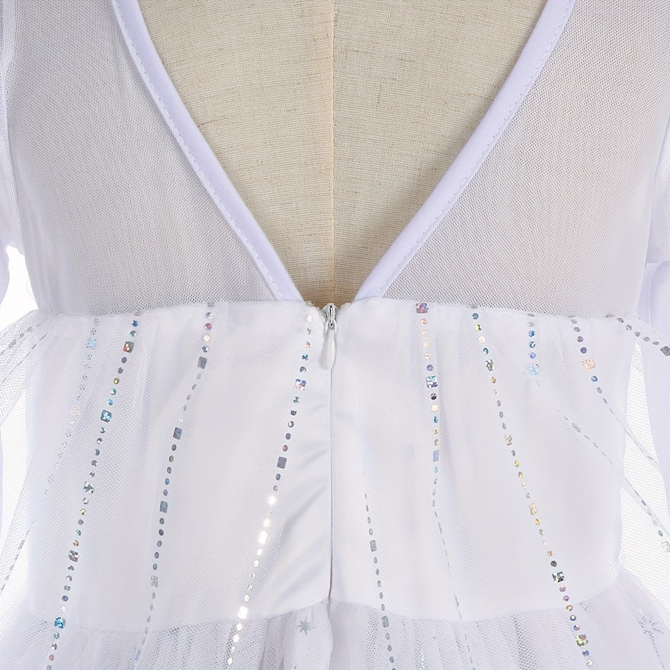 Back view of Zoomies & Co white princess dress for girls featuring shimmering details and a zip closure