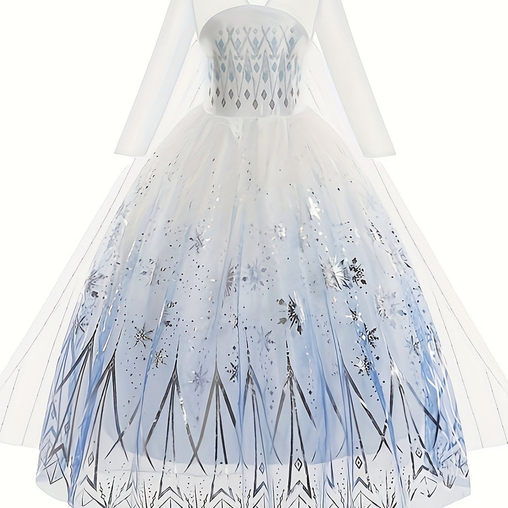 White princess dress for girls with a tulle skirt and shimmering snowflake details