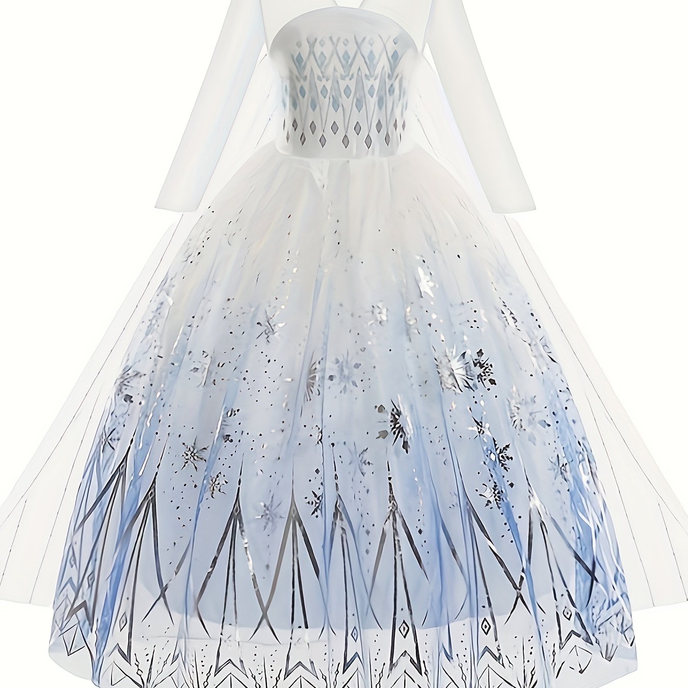 White princess dress for girls with a tulle skirt and shimmering snowflake details