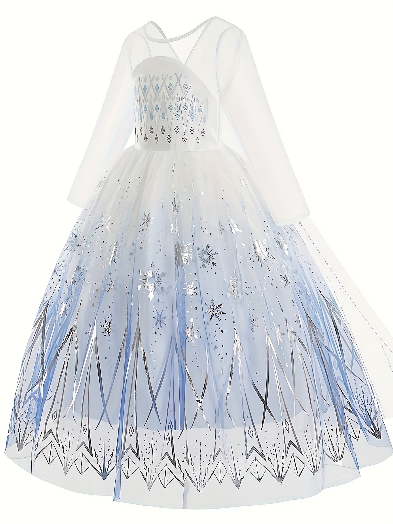 Elegant white princess dress for girls featuring sparkly snowflake designs and a layered tulle skirt