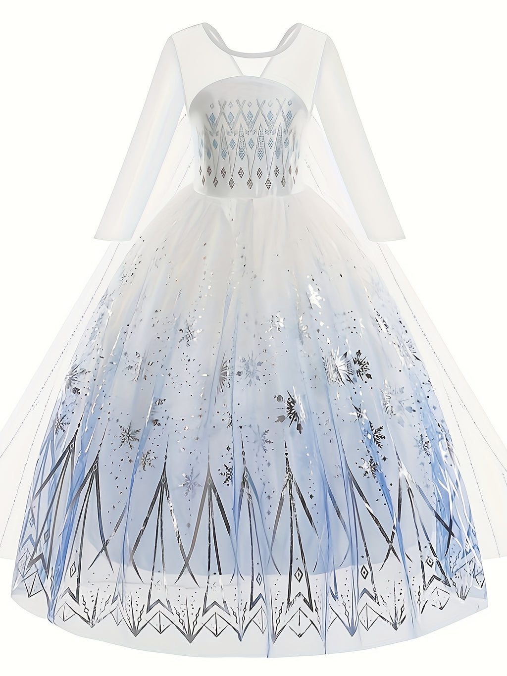 Elegant white princess dress for girls with snowflake patterns and sparkling details