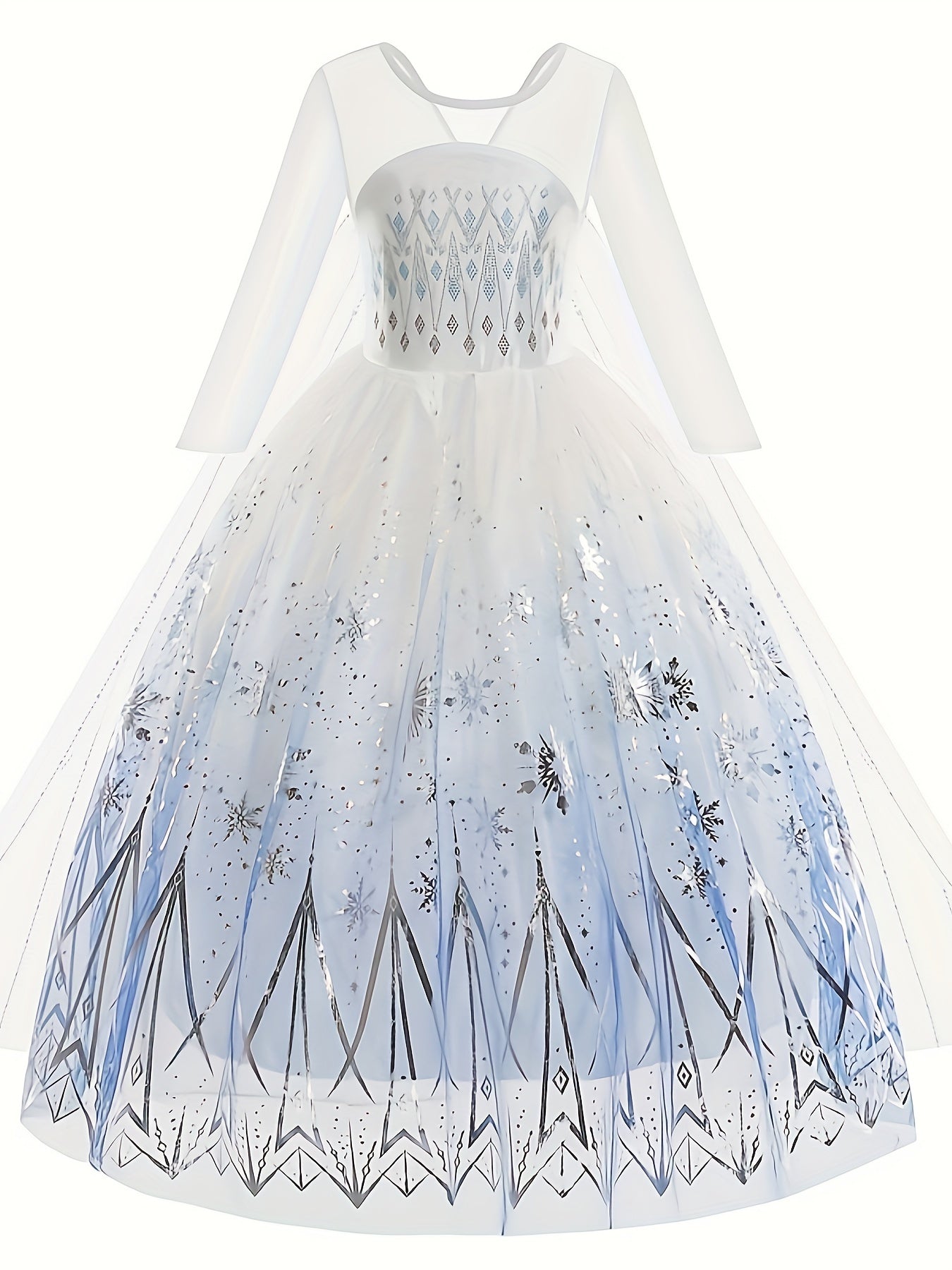 Elegant white princess dress for girls with snowflake patterns and sparkling details