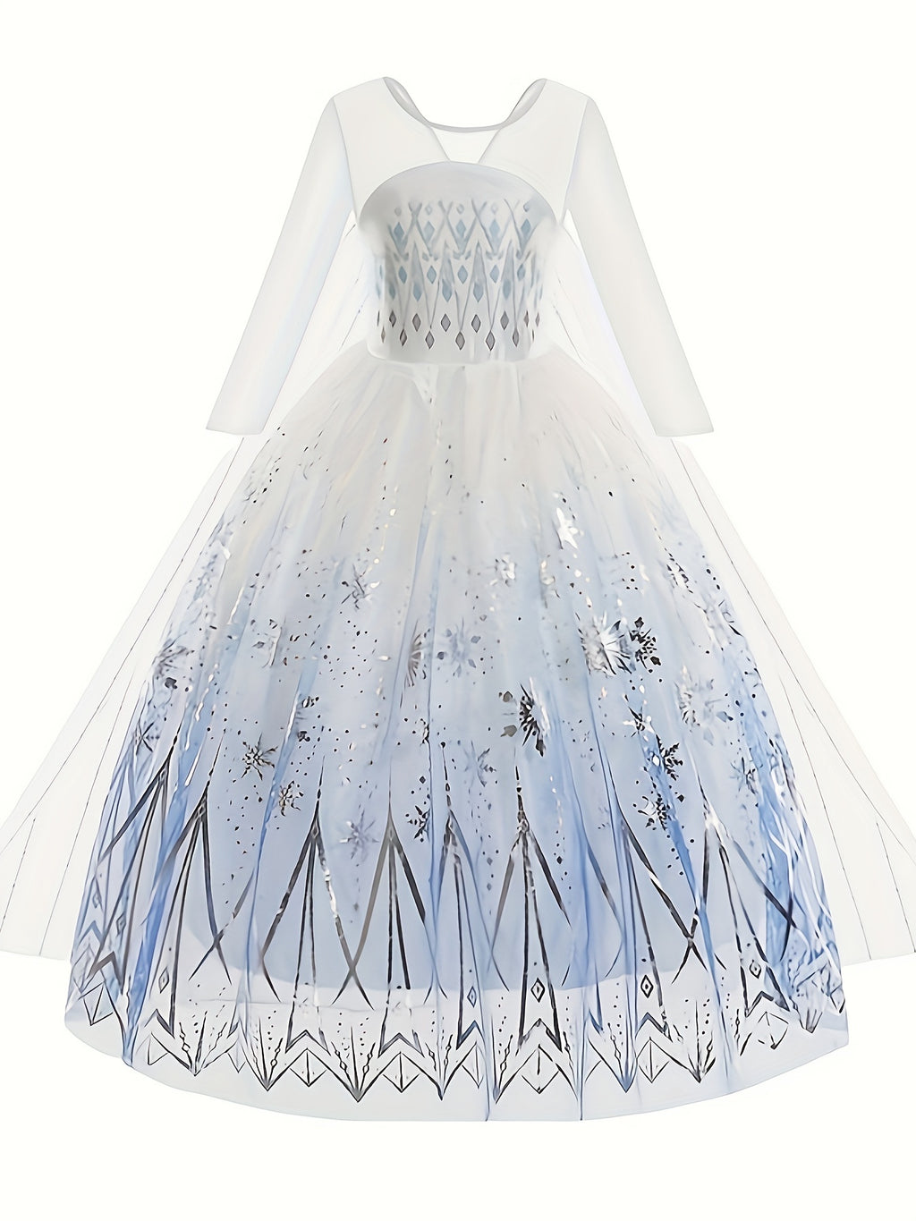 Elegant white princess dress for girls with shimmering details and floral patterns in blue shades