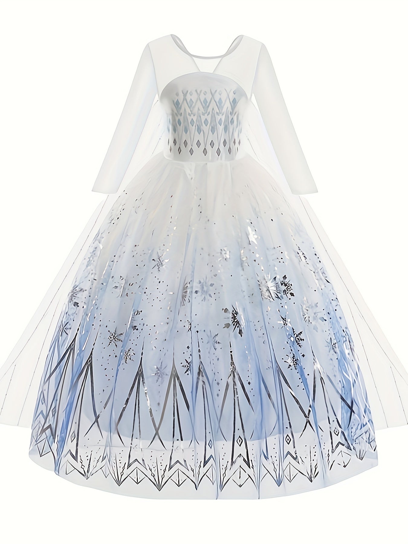 Elegant white princess dress for girls with shimmering details and floral patterns in blue shades