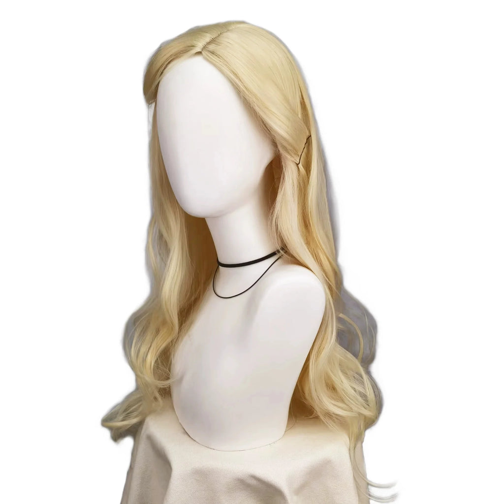 Wicked witch Glinda Halloween outfit featuring a long blonde wig with waves and clips for a magical look