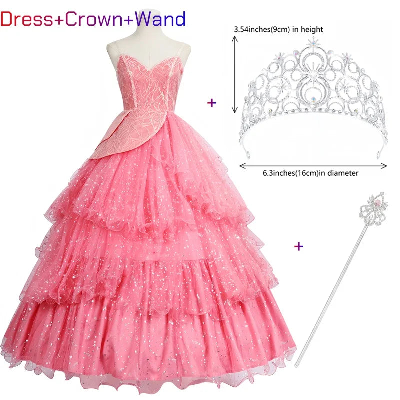 Wicked witch Glinda Halloween outfit featuring a pink dress, crown, and wand set for festive celebrations