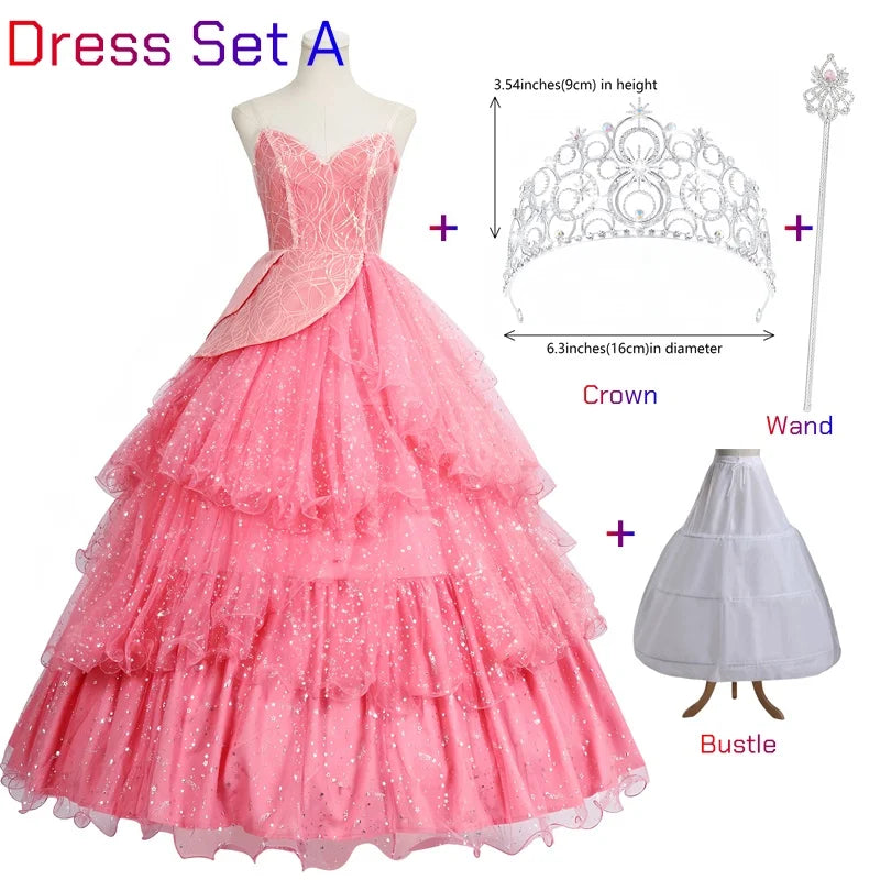 Wicked witch Glinda Halloween outfit with pink dress, crown, wand, and bustle for festive celebrations