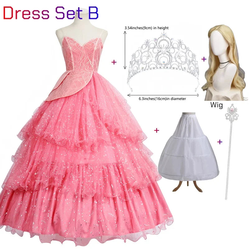 Wicked witch Glinda Halloween outfit featuring a pink layered dress, crown, wig, and wand accessories