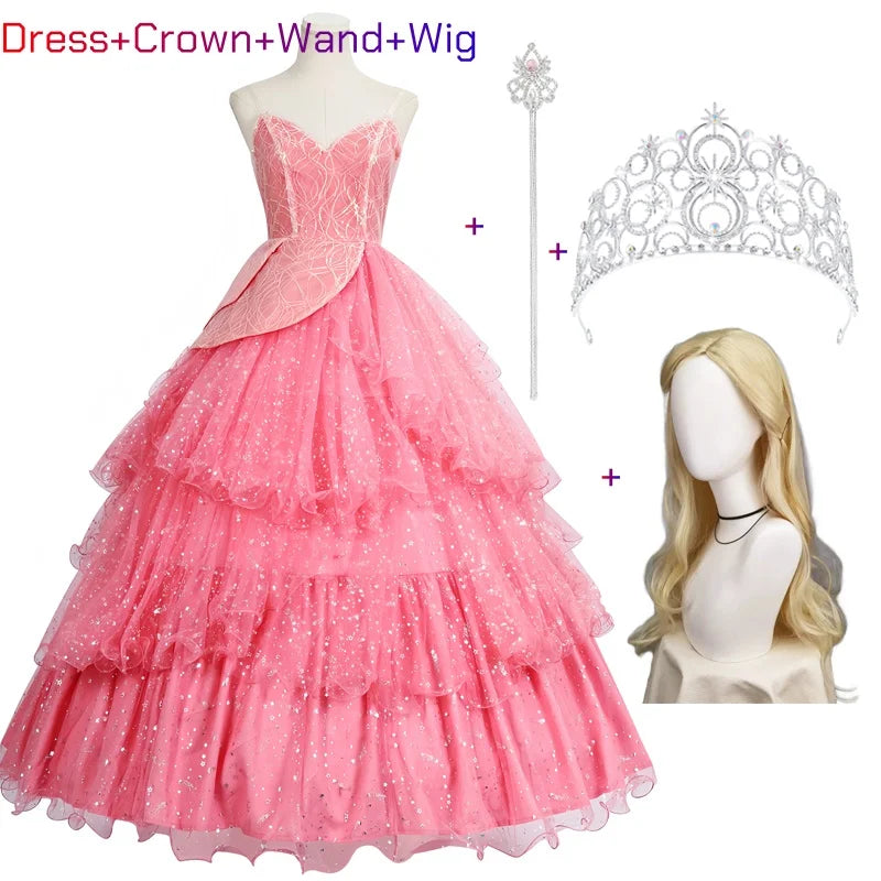 Pink Wicked witch Glinda Halloween outfit with dress, crown, wand, and wig for a magical costume