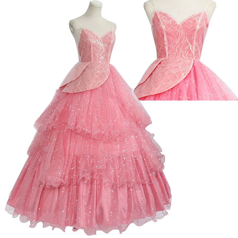 Wicked witch Glinda Halloween outfit in pink with layered tulle skirt and sparkly design