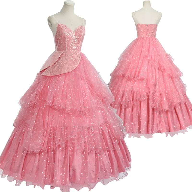 Wicked witch Glinda Halloween outfit in pink tulle with layered skirt and sparkling details