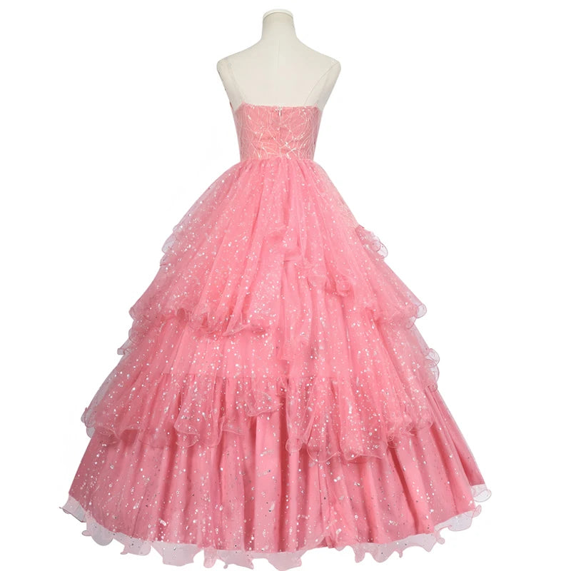 Wicked witch Glinda Halloween outfit featuring a pink sparkling gown with layered tulle for a magical look