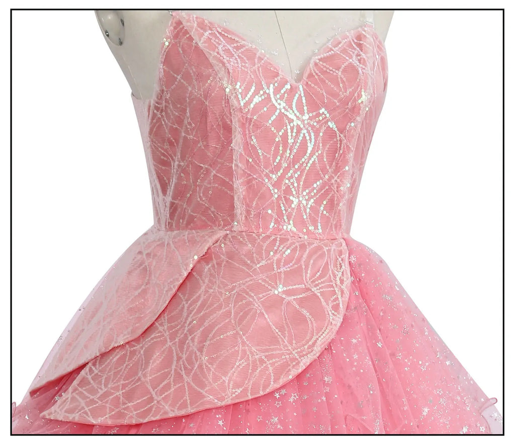 Wicked witch Glinda Halloween outfit in pink with glitter accents and layered design