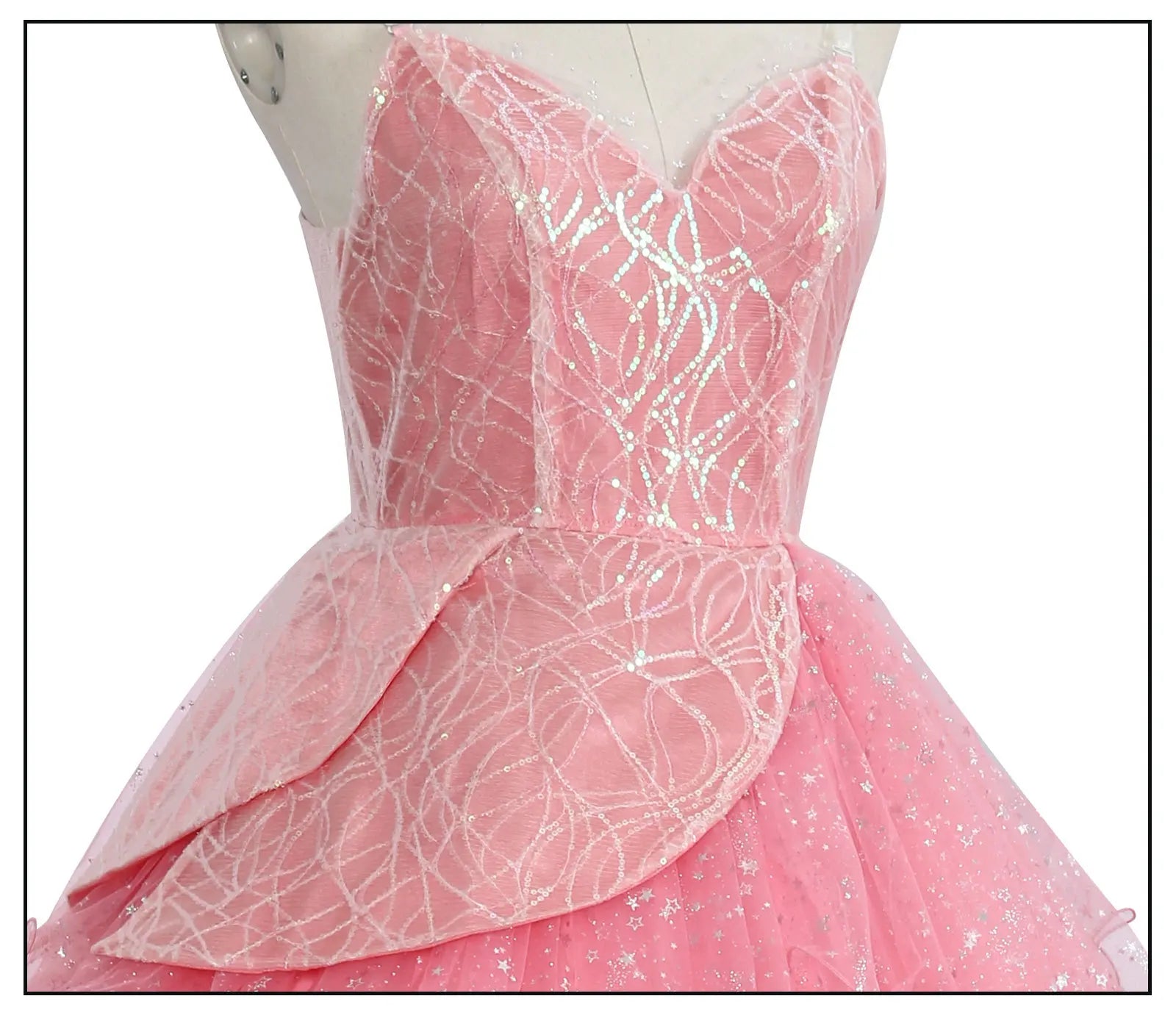 Wicked witch Glinda Halloween outfit in pink with glitter accents and layered design