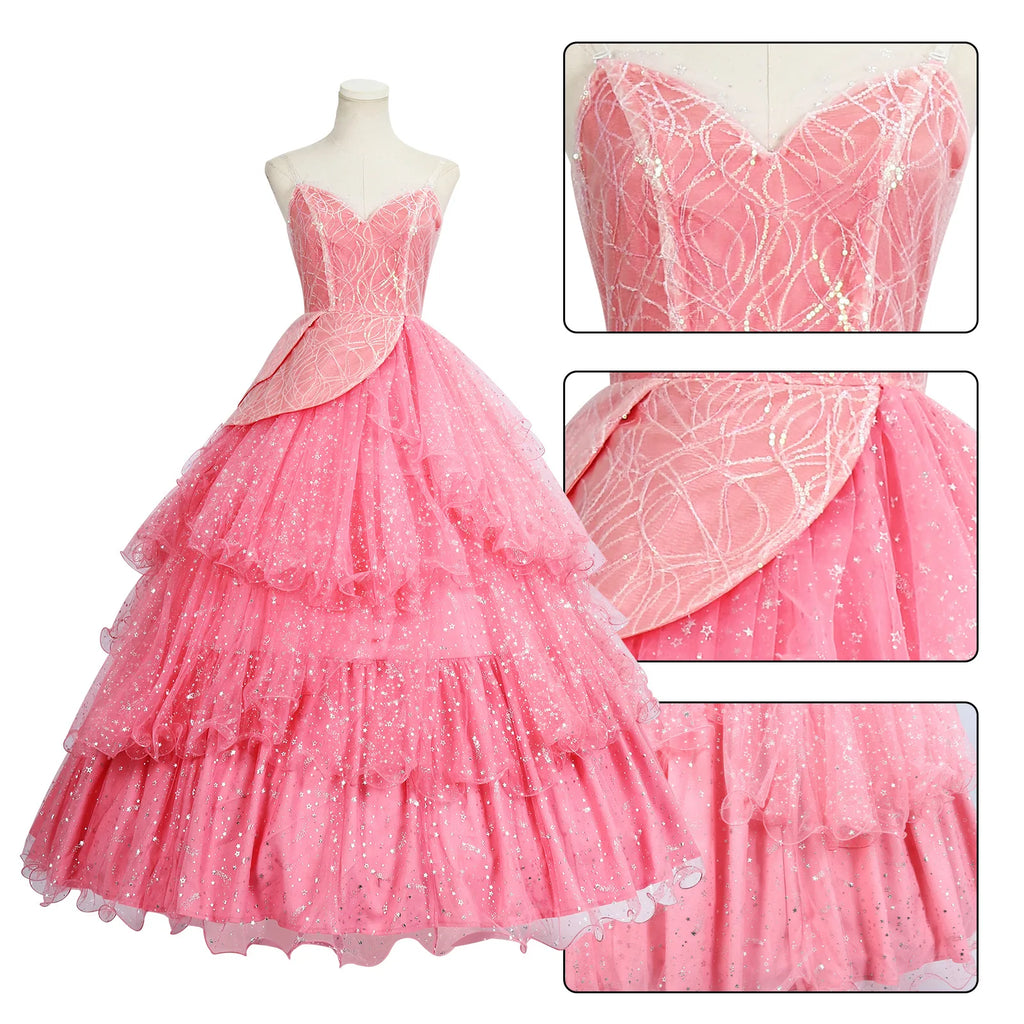 Wicked witch Glinda Halloween outfit featuring a pink layered dress with sparkling details