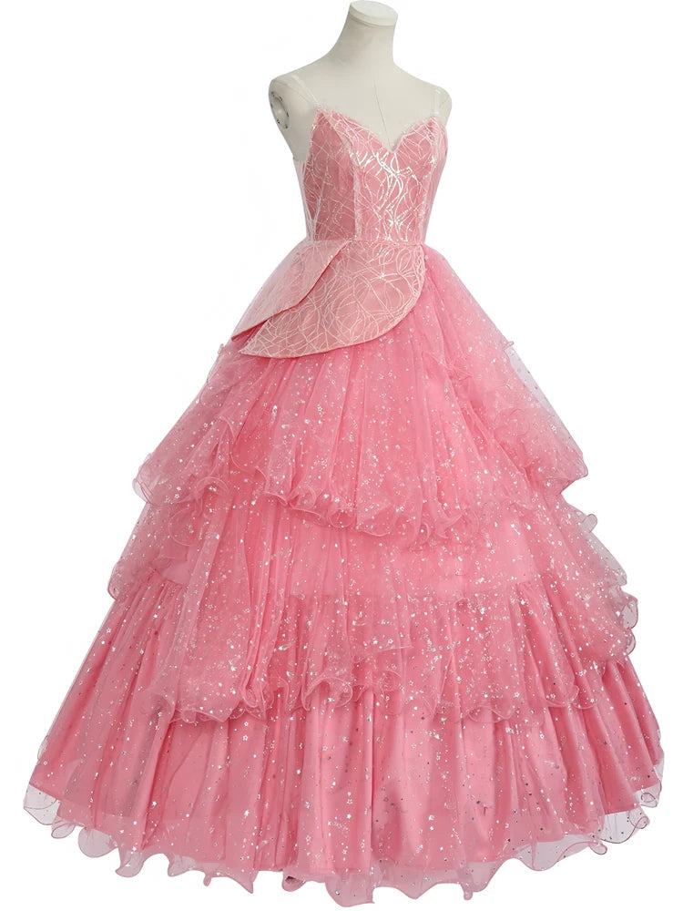 Wicked witch Glinda Halloween outfit featuring a pink sparkly dress with layered tulle and elegant design