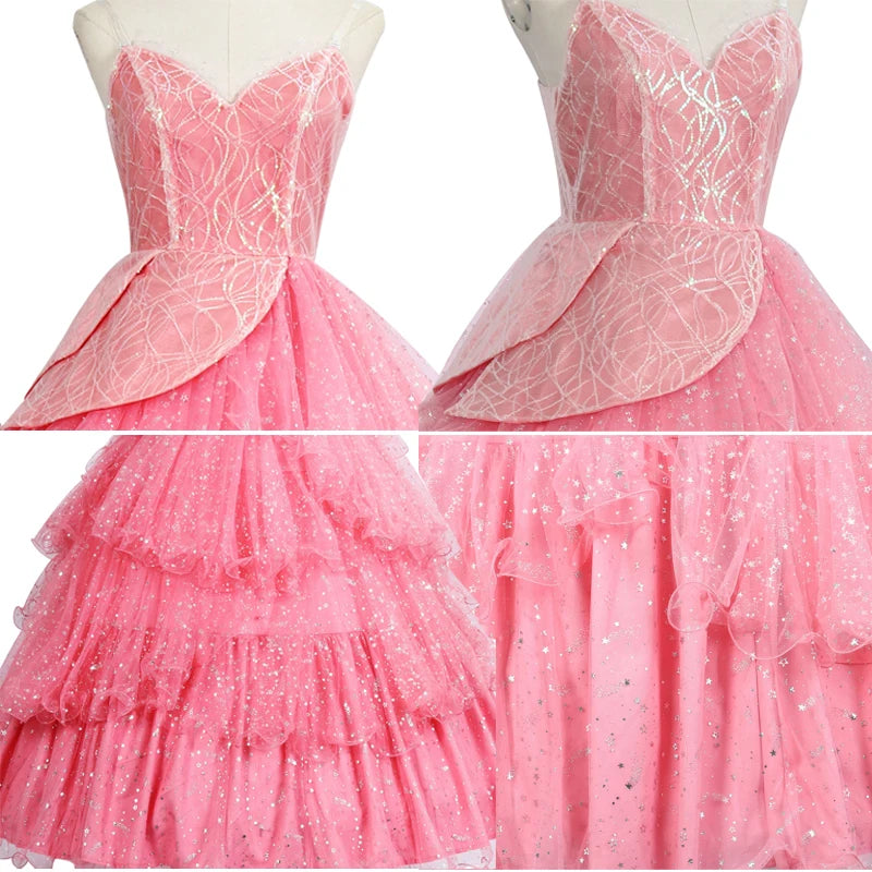 Wicked witch Glinda Halloween outfit with a pink layered dress and sparkling details for festive costumes