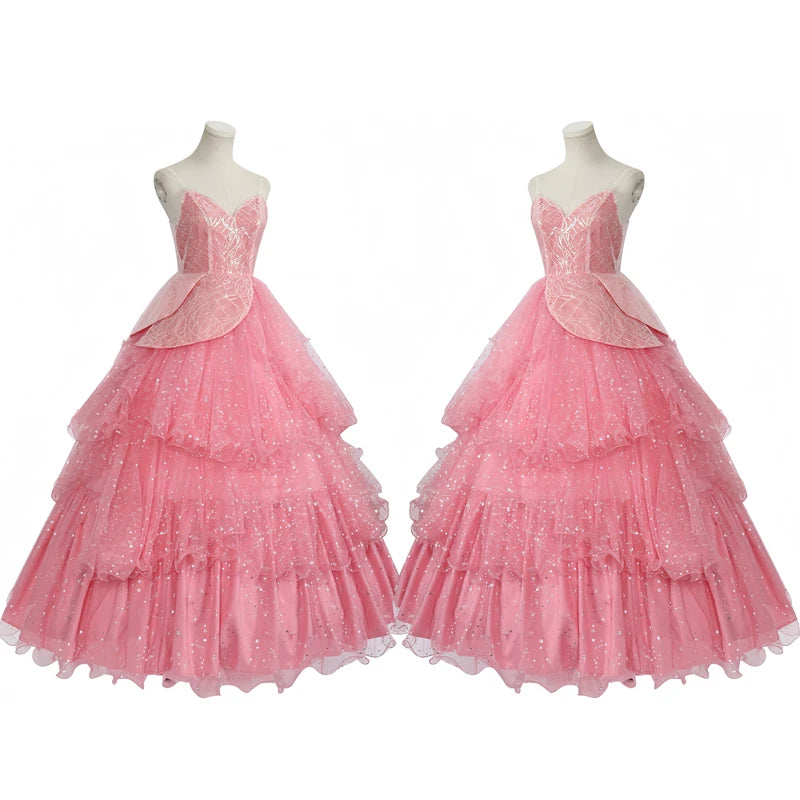 Wicked witch Glinda Halloween outfit featuring a pink layered gown with sparkling details and elegant design
