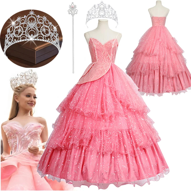 Wicked witch Glinda Halloween outfit featuring a pink gown, tiara, and wand for a magical costume look