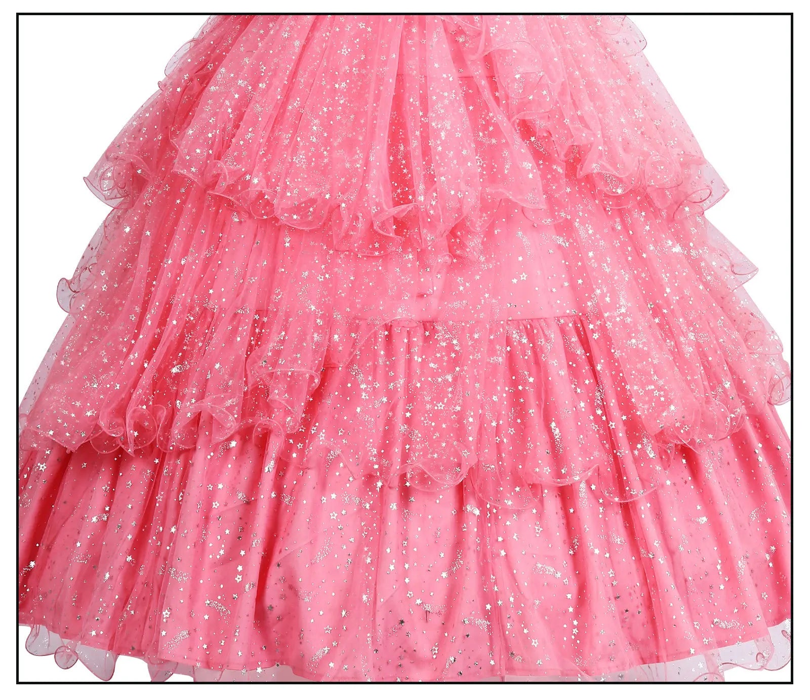 Sparkly pink dress with ruffled layers for Wicked witch Glinda Halloween outfit by Zoomies & Co