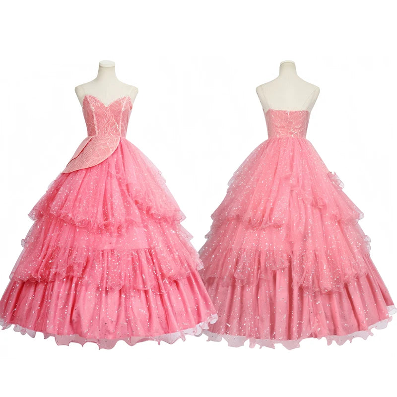 Wicked witch Glinda Halloween outfit featuring a pink tiered gown with shimmering details