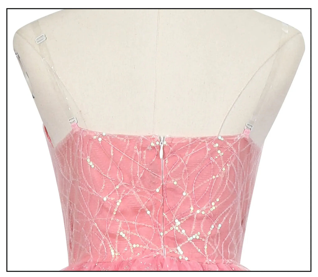 Back view of the Wicked witch Glinda Halloween outfit featuring a pink dress with sparkly detailing