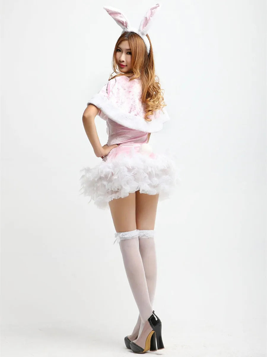 Cute women's Christmas bunny outfit with fluffy pink skirt and bunny ears for festive celebrations