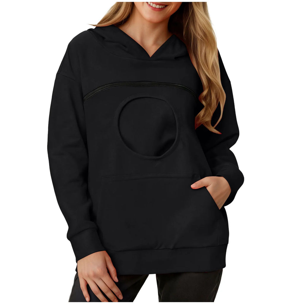 Women's kangaroo pet hoodie in black featuring a front pocket and comfortable fit